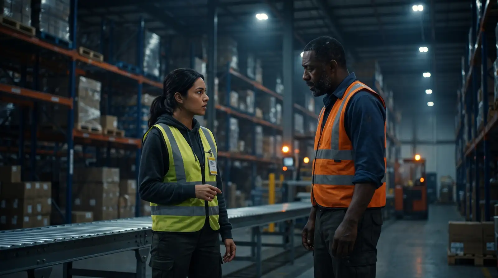 Dana, a newly promoted shift lead in a high-visibility vest, faces Marcus, a veteran picker, between warehouse racks