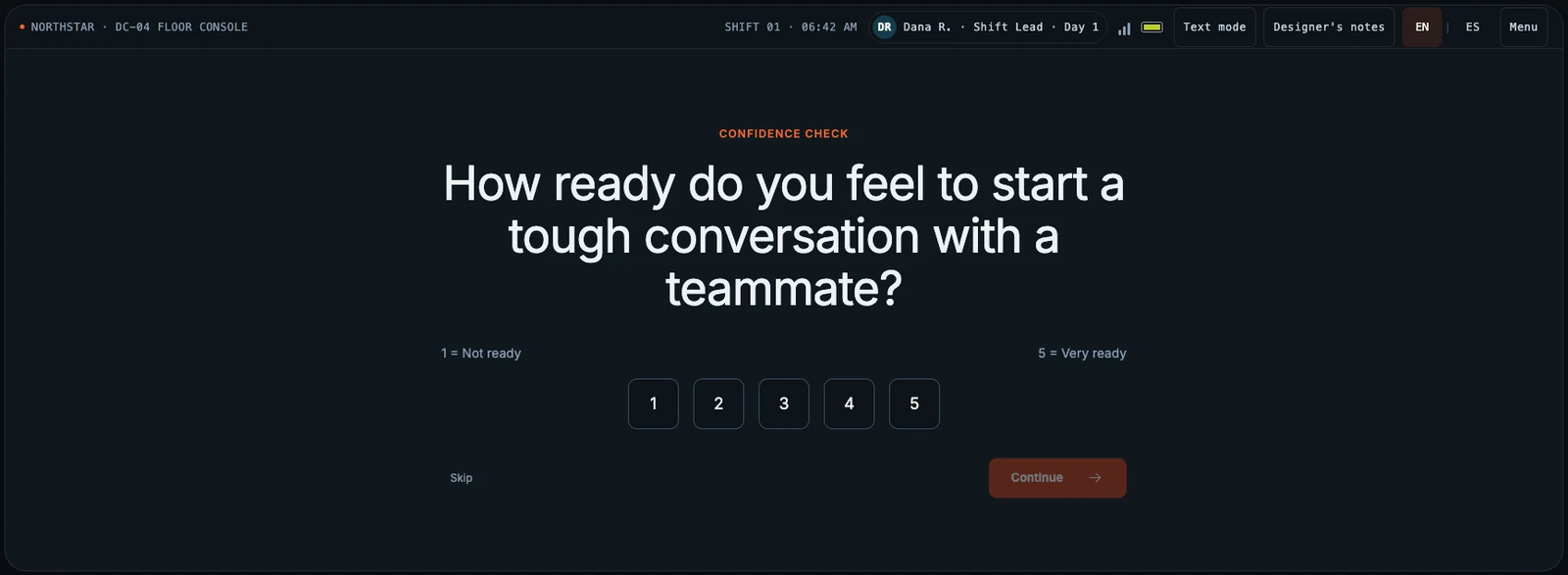 Confidence check screen asking how ready the learner feels to start a tough conversation with a teammate, rated 1 to 5
