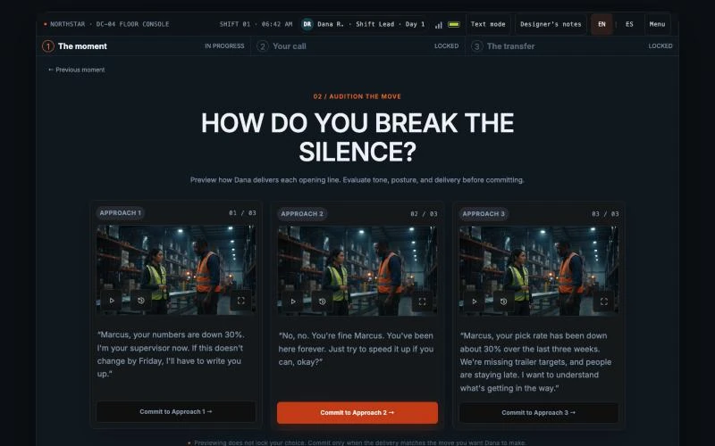 How do you break the silence? Three approach cards, each with a video preview of Dana delivering a different opening line