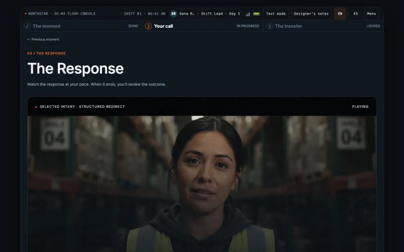 Dana in close-up during the Structured Redirect response sequence