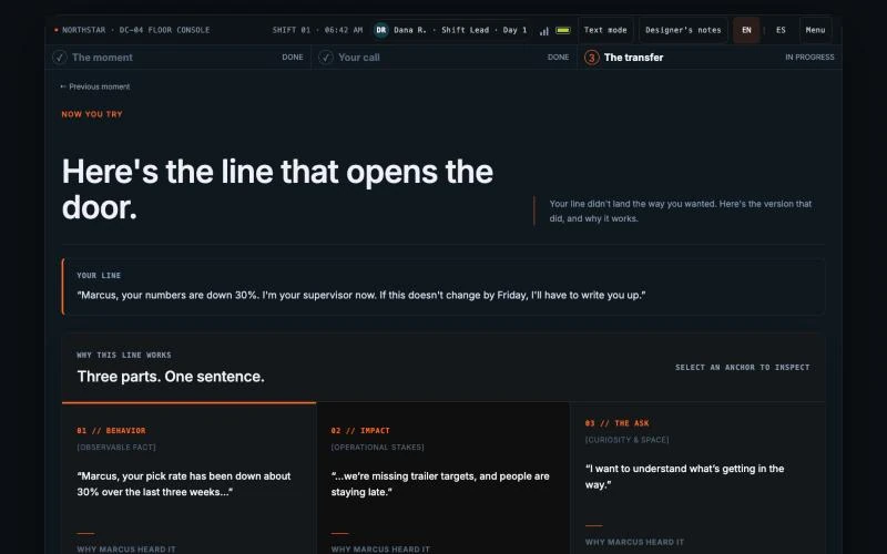 Here's the line that opens the door: the learner's line compared with the model line, broken into Behavior, Impact and Ask