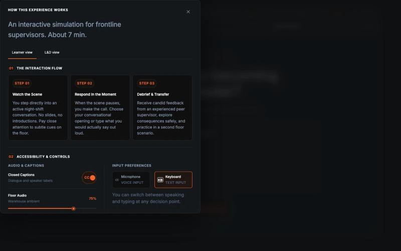 How this experience works panel: the three-step interaction flow, closed captions, floor audio and voice or keyboard input