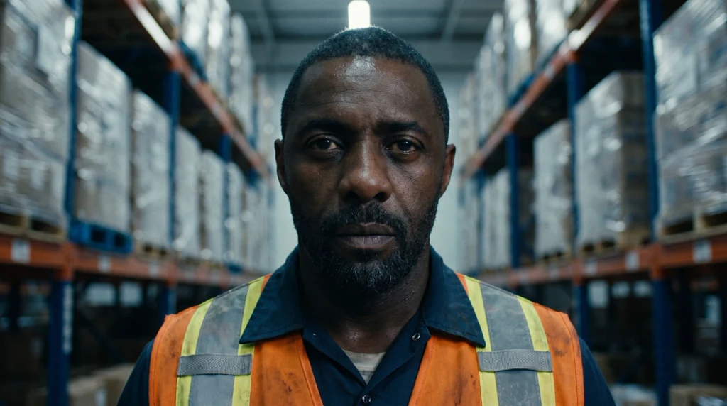 Marcus, straight-on portrait between warehouse racks, in an orange safety vest; his expression is guarded and unreadable.