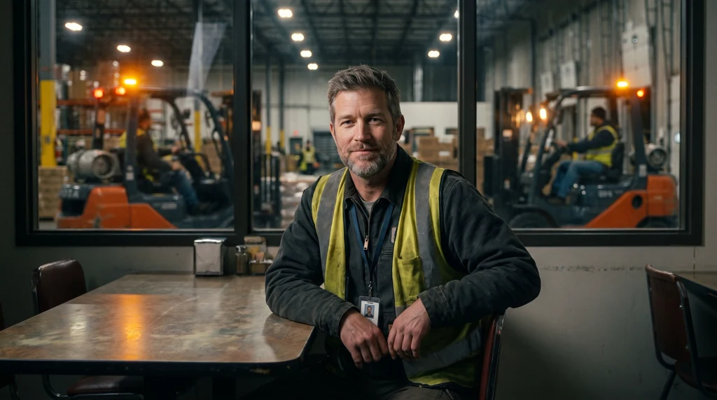 Benjamin, a peer coach in a worn work jacket and yellow safety vest, sits at a breakroom table; forklifts move on the warehouse floor through the window behind him.